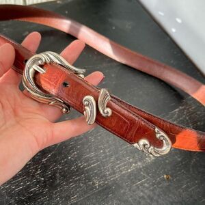 Vintage Croc Embossed Leather Belt 32.5–37" Western Silver Buckle